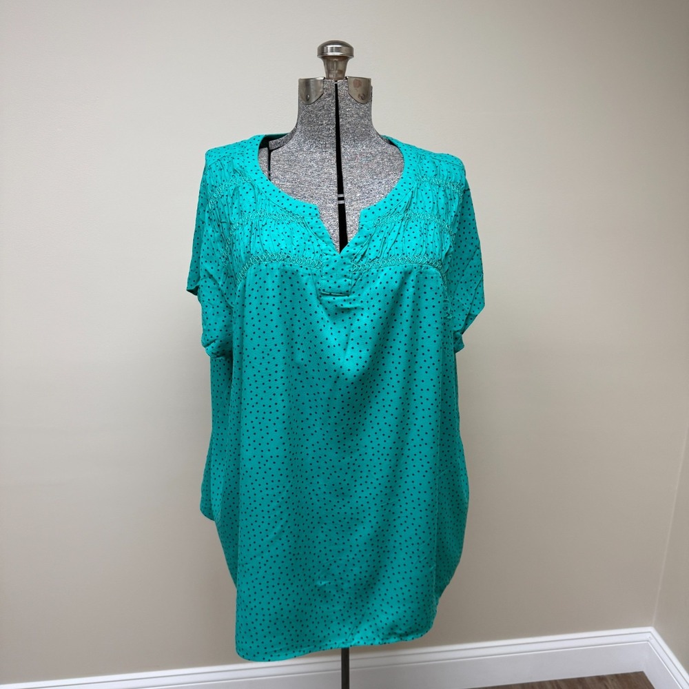 Croft & Barrow Polka Dot Blouse Shirt Womens 3X Teal Smocked Flirty Girly Retro